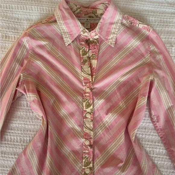 Pink Striped Button-Up Shirt with Floral Placket - Picture 2 of 4